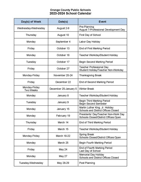 orange county public schools schedule